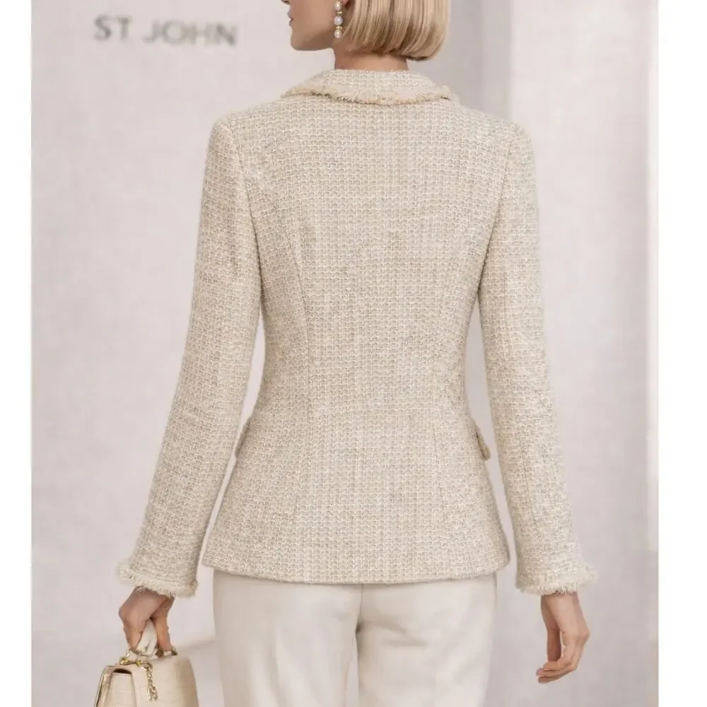 St. John Tweed Fringe Knit Rose Button Front Shoulder Pad Tailored Blazer Jacket - Picture 5 of 9